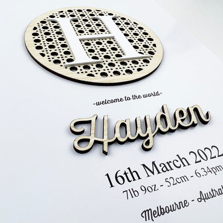 Bamboo (2 colour options) Round Rattan 3D Personalised Birth Print