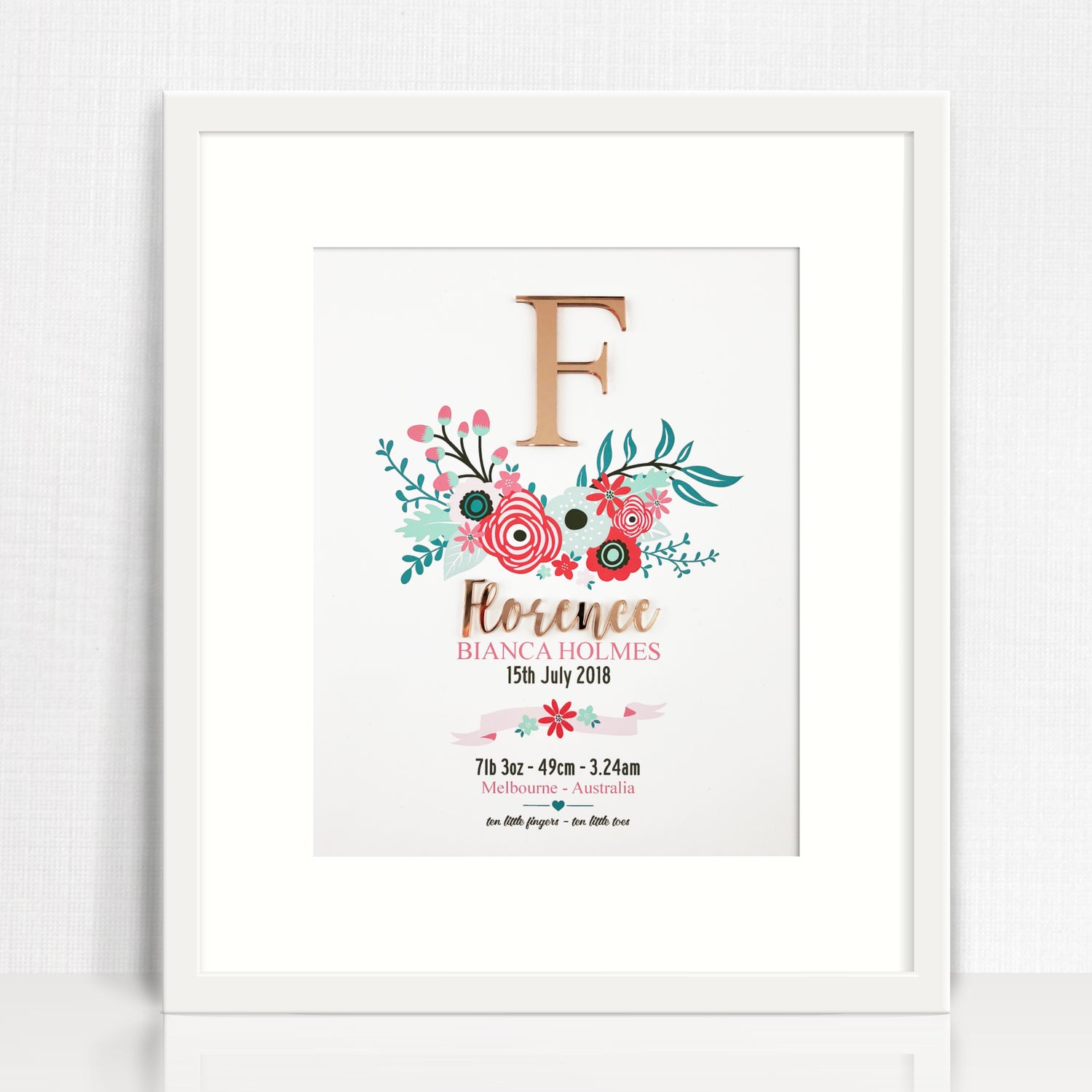 Mirror (Rose Gold) Bright Flowers 3D Personalised Birth Print
