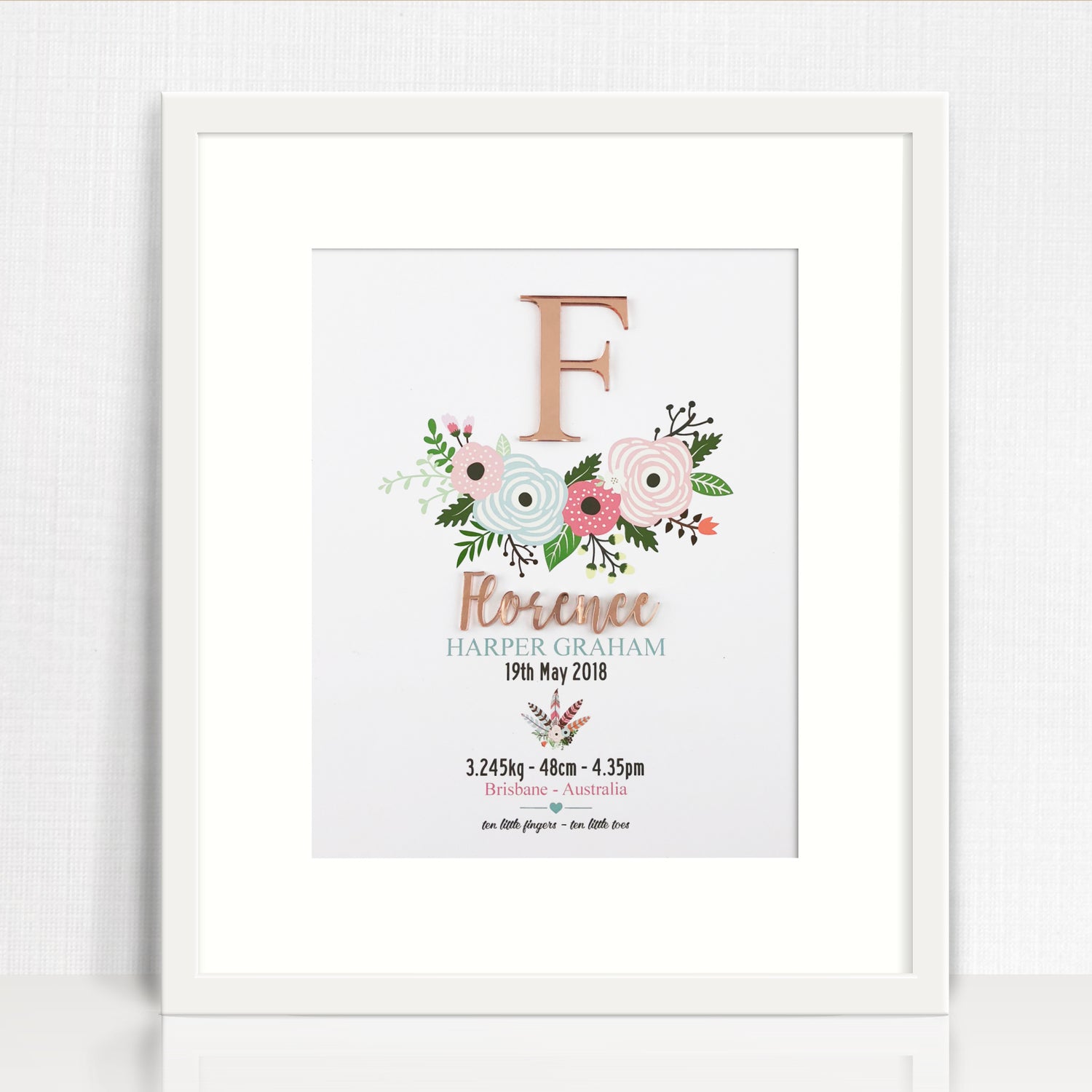 Mirror (Rose Gold) Flowers 3D Personalised Birth Print