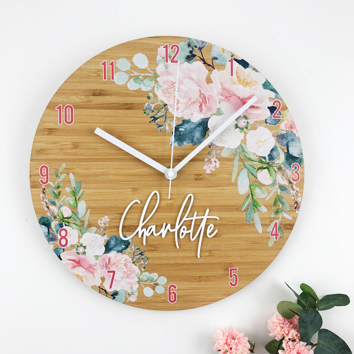 Watercolour Flowers Personalised Clock - Bamboo