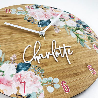 Watercolour Flowers Personalised Clock - Bamboo