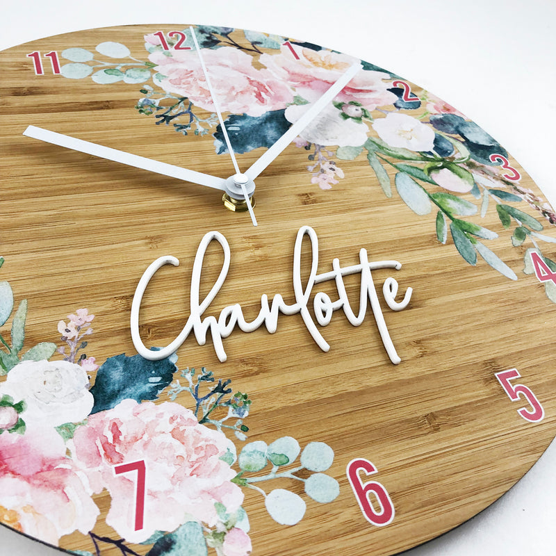 Watercolour Flowers Personalised Clock - Bamboo