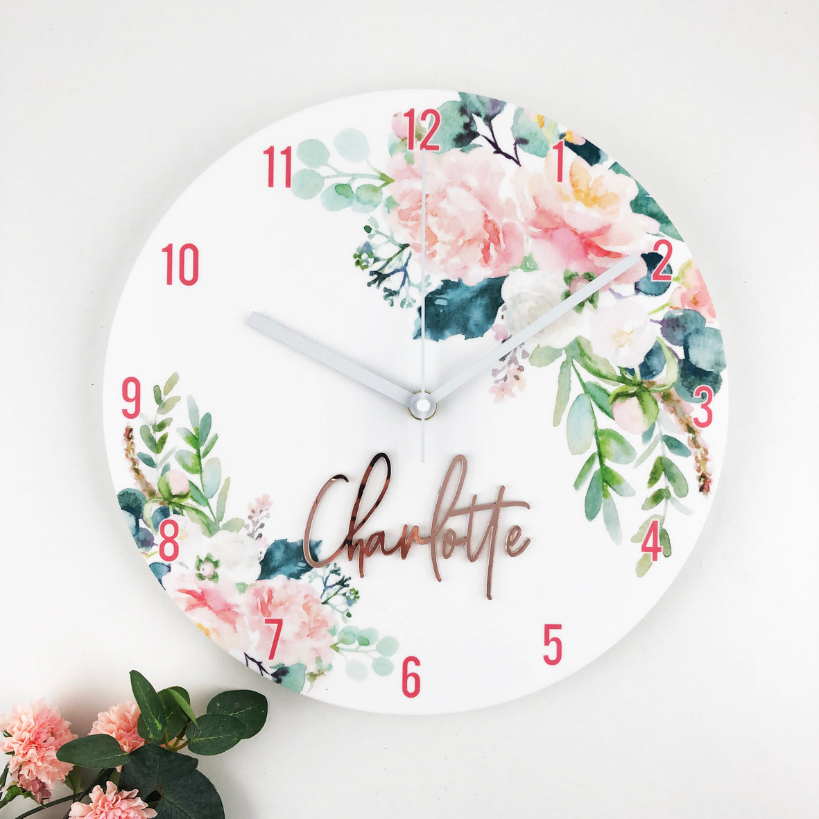 Watercolour Flowers Personalised Clock - Acrylic